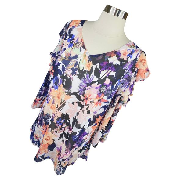Signature Collection Ruffled Floral Cold-Shoulder Blouse - Size Large - Picture 2 of 8